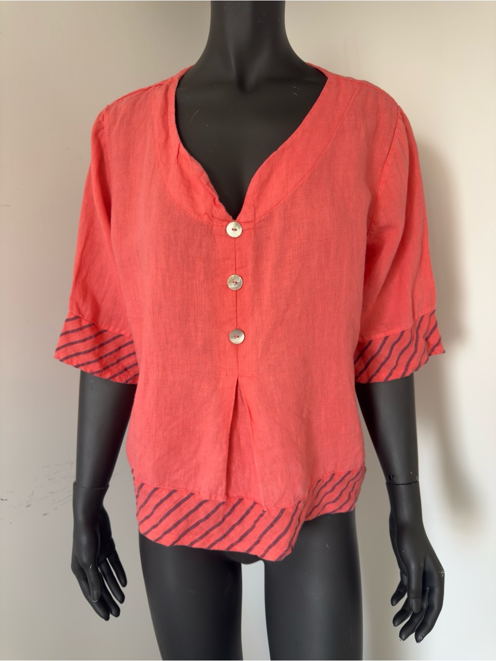 127. 100% Italian Linen Coral Button Front Top with Striped Trim